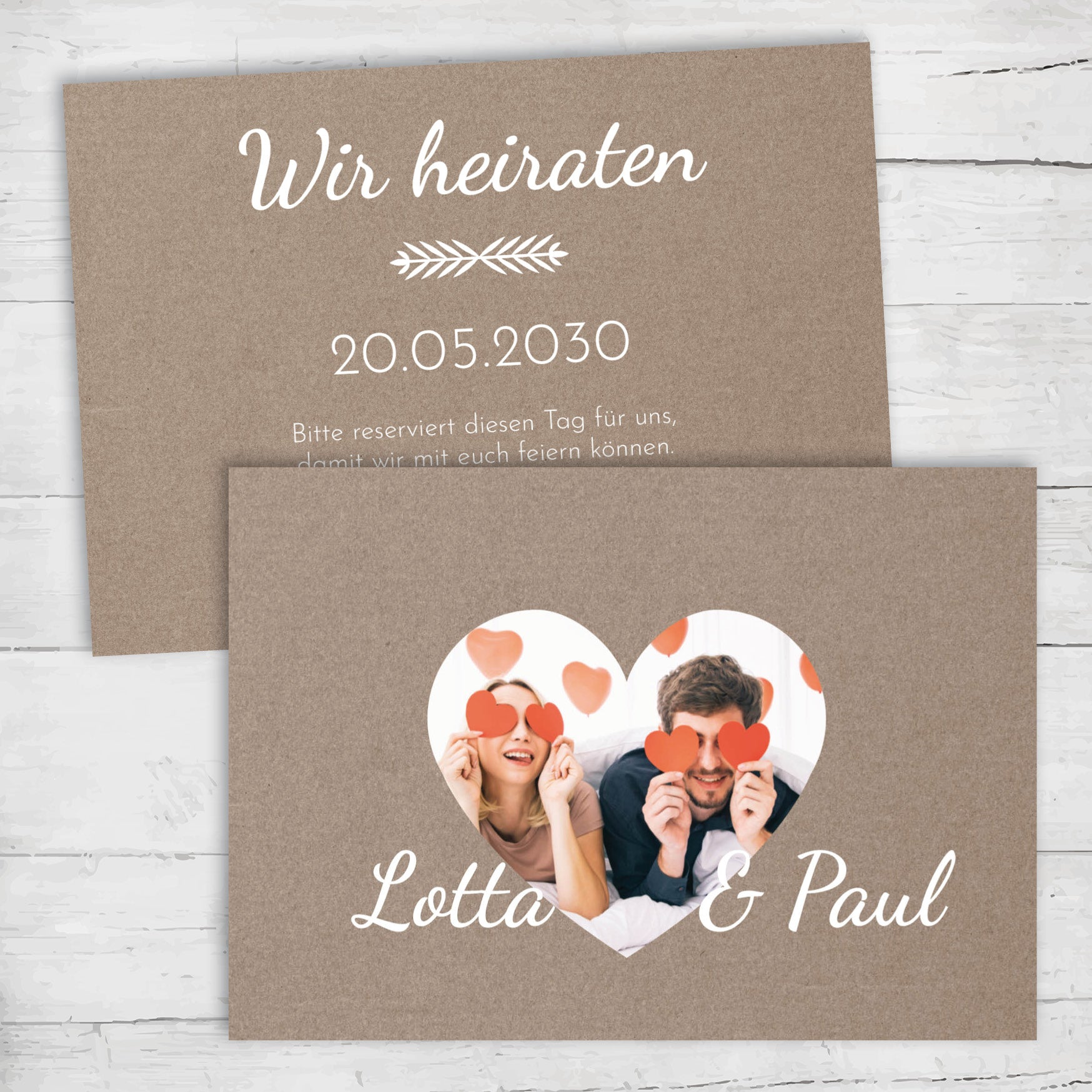 Save the Date Karten Hochzeit – Rustikale Einladung mit Herzfoto | Liebevolles Design